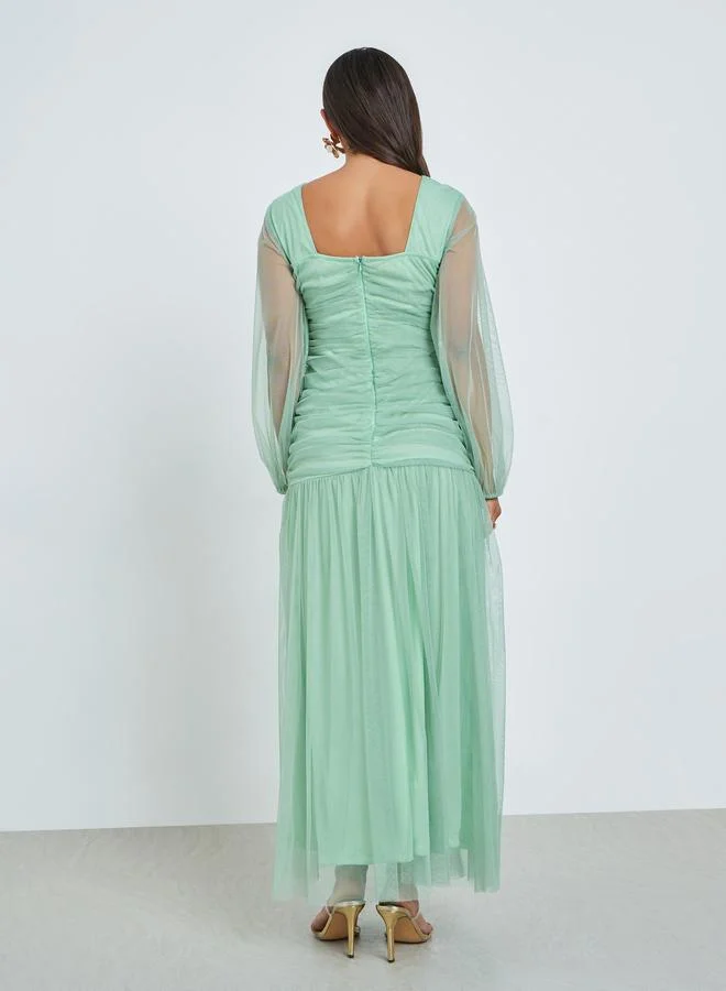 Styli  Green Mesh Gathered Long Sleeves Maxi Dress for Women | Best Price UAE