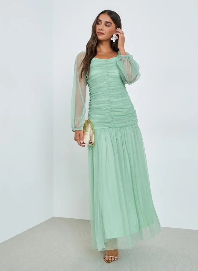 Green Mesh Gathered Long Sleeves Maxi Dress
