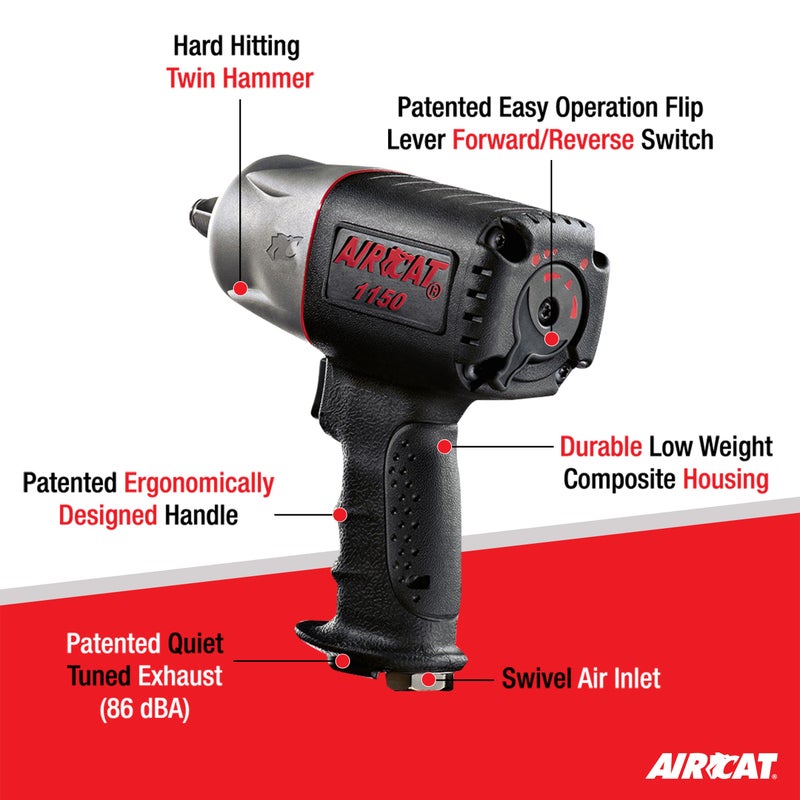 AirCat أداة هوائية AIRCAT 1150 مفتاح تأثير مركب 1/2 بوصة: أداة طاقة مدمجة وخفيفة الوزن: أداة تأثير لإصلاح وصيانة السيارات - Image 2