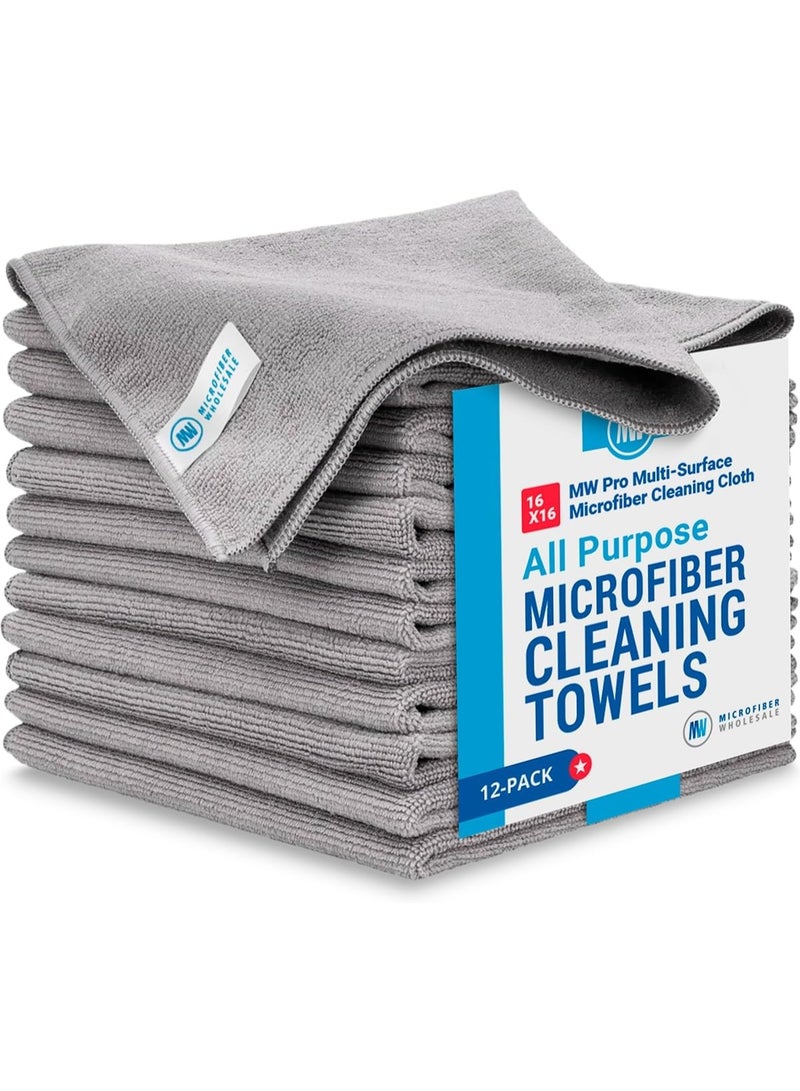 Microfiber Wholesale MW Pro Microfiber Cleaning Cloths (12 Pack) | Size 16" x 16"| All Purpose Microfiber Towels - Clean, Dust, Polish, Scrub, Absorbent (Gray) - Image 1