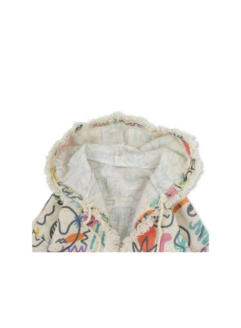 Baby Girls Linen Kaftan – Beige with Artistic Print - Image 3