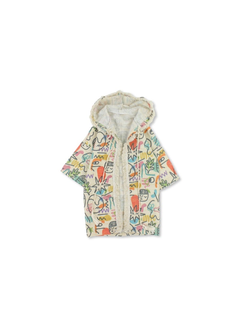 Baby Girls Linen Kaftan – Beige with Artistic Print - Image 1