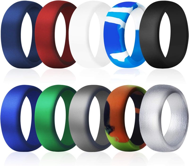 COOLOO Silicone Wedding Ring for Men, 10 Pack Affordable Silicone Rubber Wedding Bands Sturdy Comfortable Rings, Black White Blue Silver Gray - Image 3