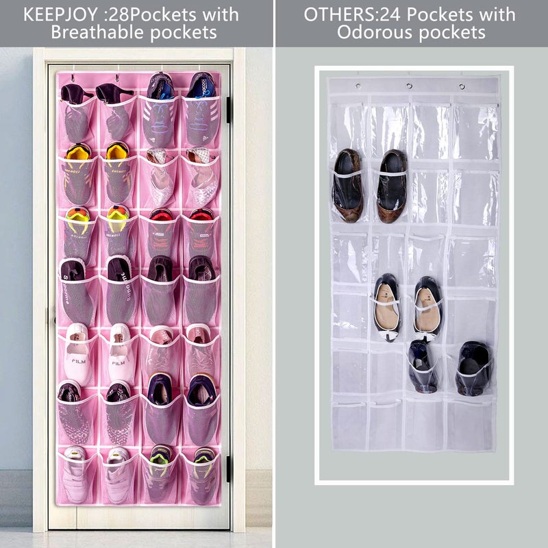 KEEPJOY 28 Pockets Hanging Shoe Organizer, Over the Door Shoe Organizer, Hanging Door Shoe Holder Rack with Mesh Pockets Large Size 65 x 23 Inch (Pink-1Pack) - Image 4