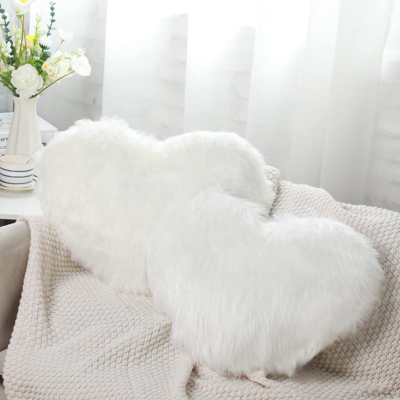 Enhon 2 Pcs Fluffy Heart Pillows Faux Fur Heart Shaped Plush Pillow Soft 20 x 157 Inch Love Throw Pillows with Insert for Decorative Office Home Bedroom Living Room SofaWhite