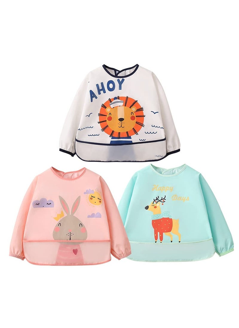 KASTWAVE 3 Pcs Long Sleeve Waterproof Feeding Smock Apron Baby Bibs, For 6-24 Months Infant Child Toddler  - Image 1