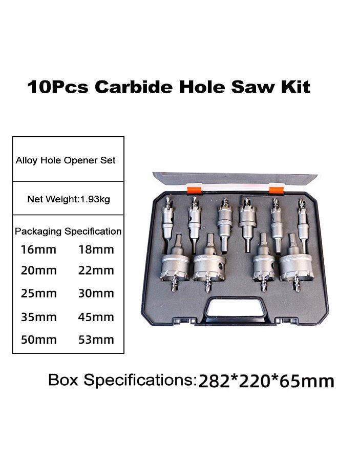 10 Piece Carbide Hole Saw Kit Tipped Hole Saw Drill Bit 16-53mm Hole Saw Cutter Set for Metal Stainless Steel Iron Copper