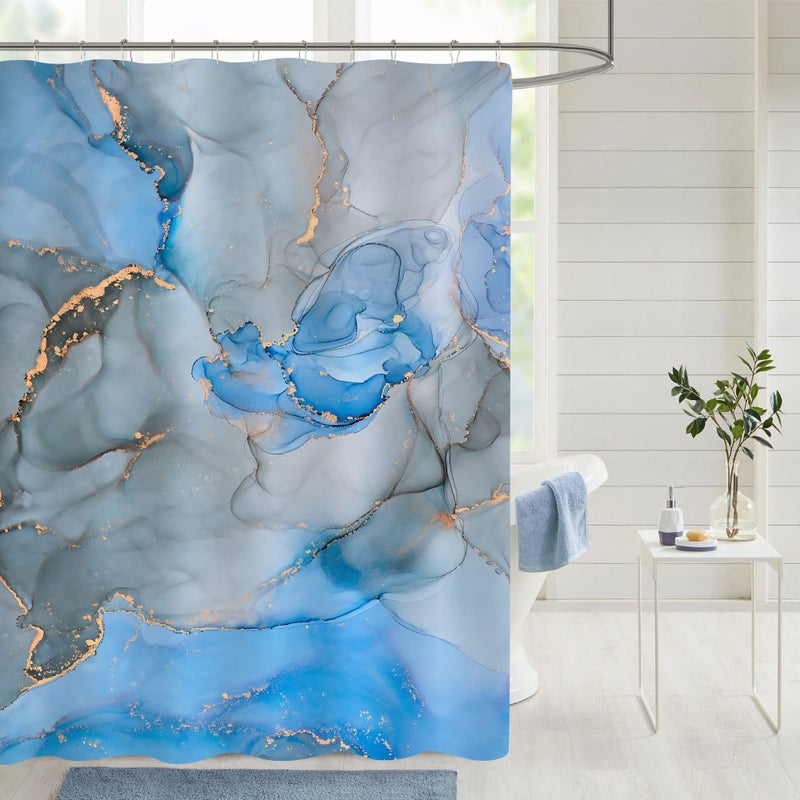 Gibelle Extra Long Shower Curtain 72 x 84  Tall Abstract Blue Grey Marble Shower Curtain  Modern Ink Art Waterproof Fabric Shower Curtain Set with Hooks - Image 1