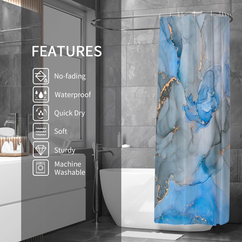 Gibelle Extra Long Shower Curtain 72 x 84  Tall Abstract Blue Grey Marble Shower Curtain  Modern Ink Art Waterproof Fabric Shower Curtain Set with Hooks - Image 2