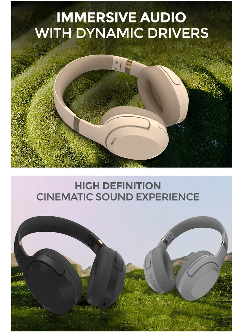 Faster - S6 Over-Ear Wireless Headphones with Microphone - Deep Bass Sound, HiFi Stereo Bluetooth Headphones - Noise Reduction, Foldable Design, 30 Hours Playtime, Lightweight Foam Ear Cups - Ideal for Travel, Work, Gaming, and TV (Beige) - Image 1