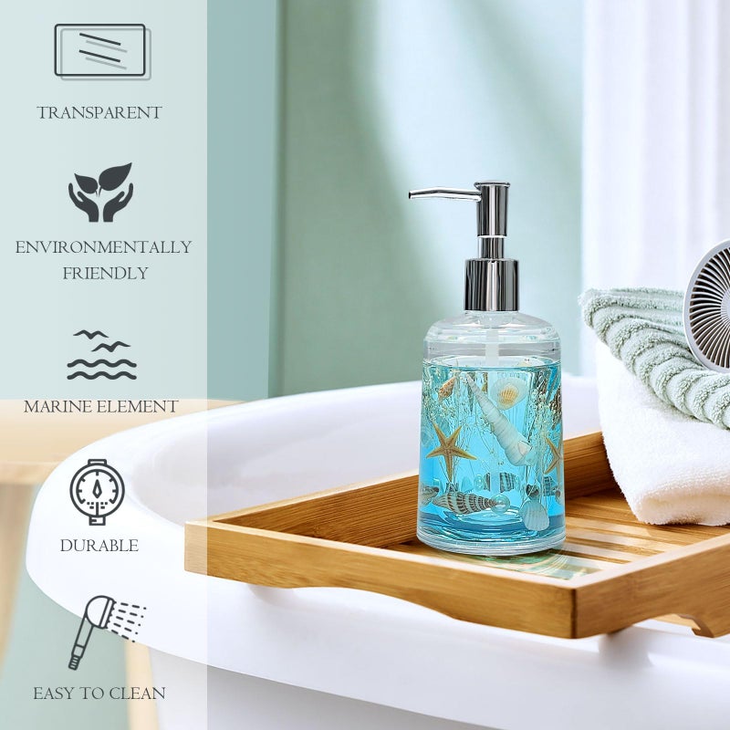 FONMY Soap Dispenser with Pump Acrylic w/Nature Seashell Handmade Bathroom Hand Soap Dispenser, Kitchen Refillable Liquid Dispenser for Soap,Dish Soap, Lotion (Blue) - Image 2