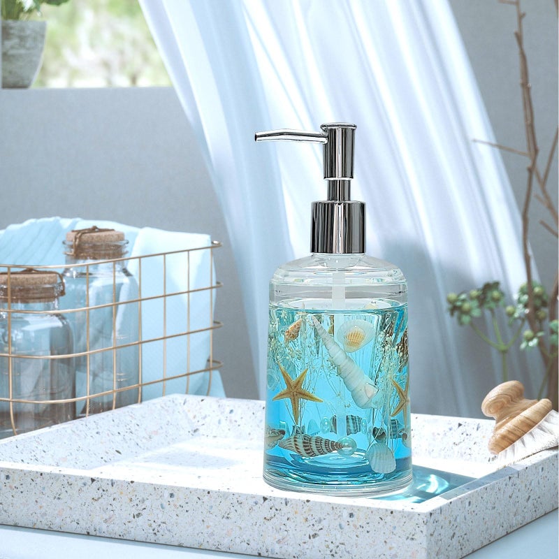 FONMY Soap Dispenser with Pump Acrylic w/Nature Seashell Handmade Bathroom Hand Soap Dispenser, Kitchen Refillable Liquid Dispenser for Soap,Dish Soap, Lotion (Blue) - Image 5