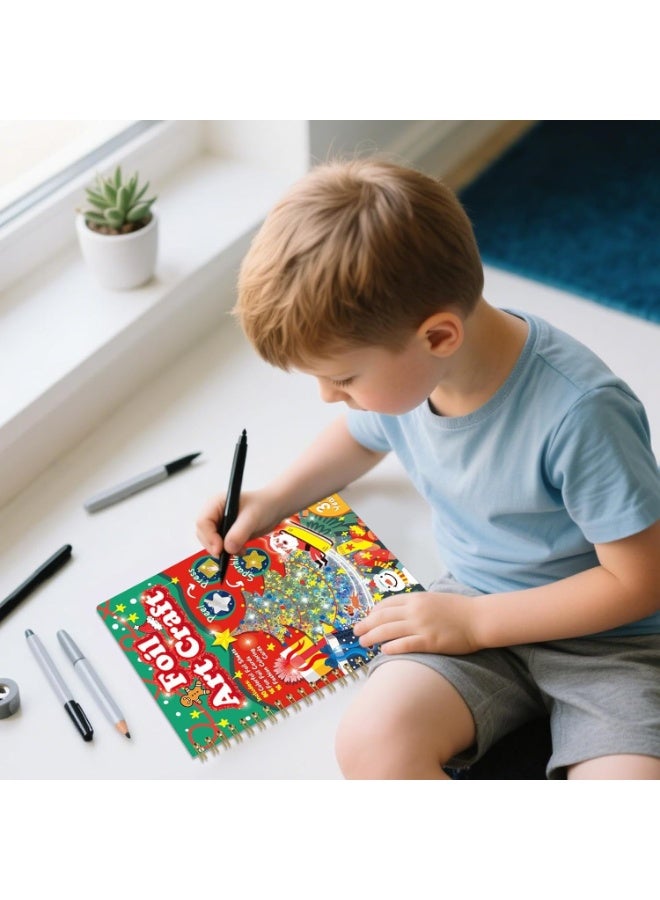 Capstro Foil Art Craft Sticker Book – Christmas Magical Art Picture Booklet | 16 Foil & 16 Coloring Pages + 80 Foil Sheets & Bamboo Stick | DIY Holiday Foil Art Book for Kids Age 3+ | Creative Xmas Craft Gift - Image 2