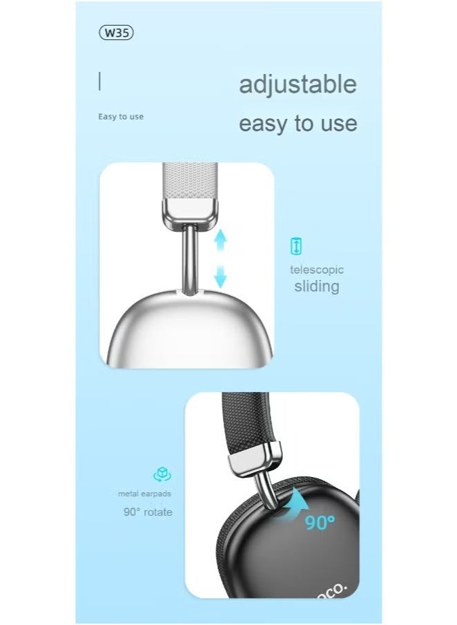 hoco. W35 - Wireless Bluetooth Headphones, Bluetooth V5.3, Use Time: Up To 40 Hours, Standby Time: Up To 200 Hours, Support TF Card And AUX Mode, Compatible Mobile Phones And Tablets - White - Image 3