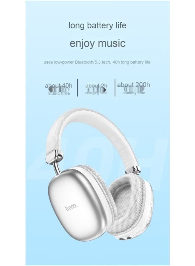 hoco. W35 - Wireless Bluetooth Headphones, Bluetooth V5.3, Use Time: Up To 40 Hours, Standby Time: Up To 200 Hours, Support TF Card And AUX Mode, Compatible Mobile Phones And Tablets - White - Image 2