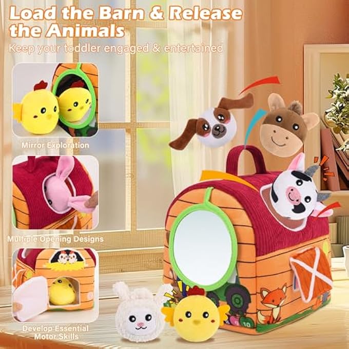 ألعاب الأطفال 6-12 شهرًا - مجموعة ألعاب مزرعة الحيوانات المحشوة مع جرس، صوت خفيف ومرآة، ألعاب حسية مونتيسوري للأطفال بعمر 6 أشهر، هدايا للأطفال من 1-3 سنوات، هدايا عيد الميلاد - Image 5