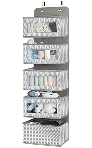 Over the Door Hanging Organizer with 5 Large Pockets  Wall Mount Pantry Storage with Clear PVC Window  2 Big Metal Hooks for ClosetBathroomNurseryBedroomDormBaby DiapersKids Toys Gray