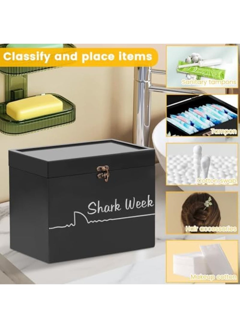 SYOSI Period Storage Box with Lid - 2 Compartment Bamboo Tampon & Sanitary Napkin Organizer, Feminine Product Holder for Bathroom Countertop, Bedroom, Dorm & Office (Black) - Image 2