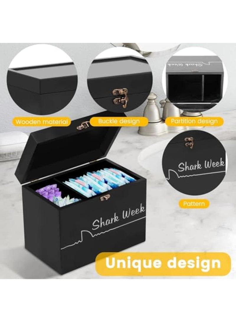 SYOSI Period Storage Box with Lid - 2 Compartment Bamboo Tampon & Sanitary Napkin Organizer, Feminine Product Holder for Bathroom Countertop, Bedroom, Dorm & Office (Black) - Image 4