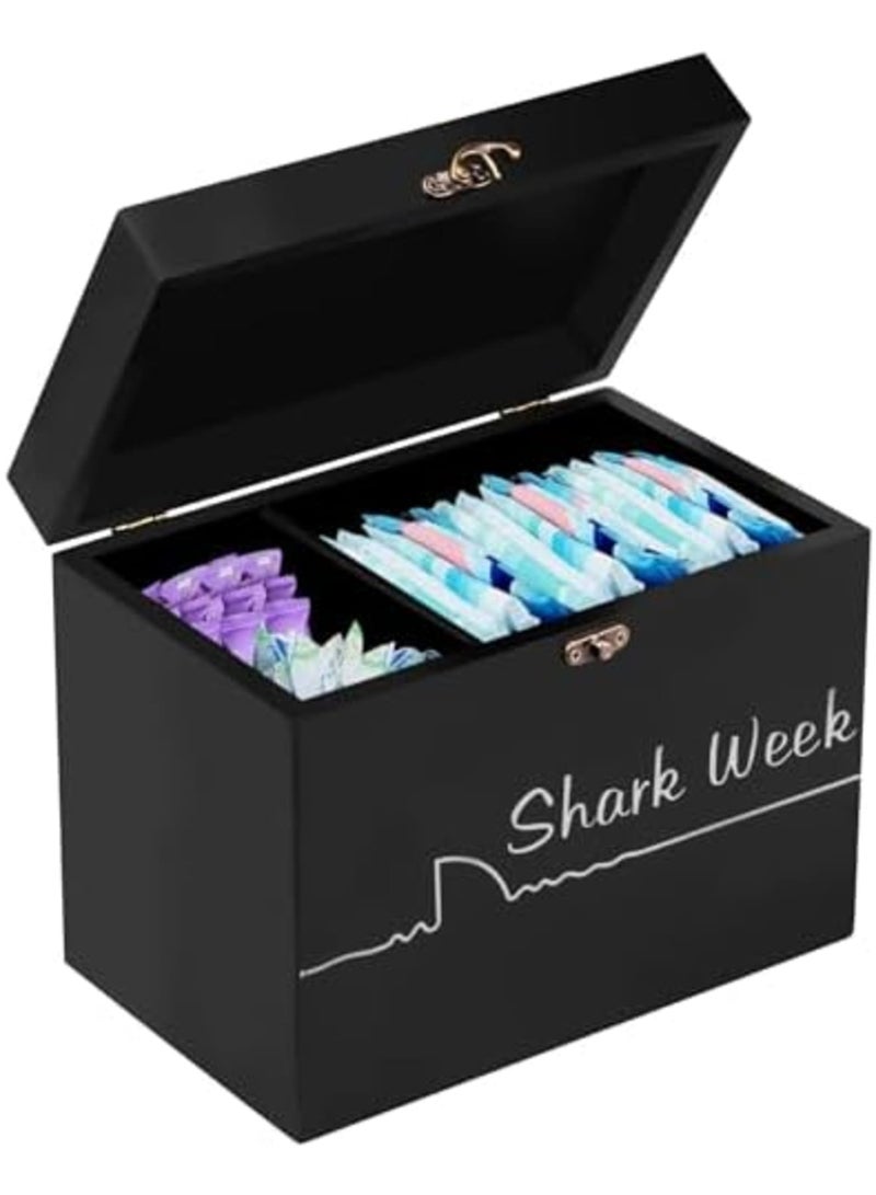 SYOSI Period Storage Box with Lid - 2 Compartment Bamboo Tampon & Sanitary Napkin Organizer, Feminine Product Holder for Bathroom Countertop, Bedroom, Dorm & Office (Black) - Image 1