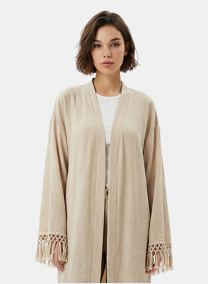 RAVIN Women Stone Lightweight Textured Fringe Kimono Cardigan - Image 1