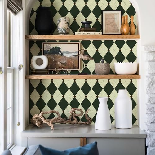 Simon&Siff Retro Peel and Stick Wallpaper Black and Green Wallpaper Vintage Plaid British Geometric Wall Paper for Bathroom Kitchen Cabinet Contact Paper 17.3"x80" - Image 2