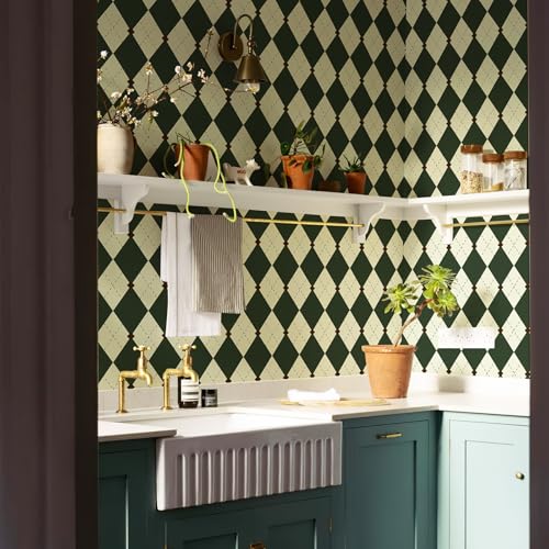 Simon&Siff Retro Peel and Stick Wallpaper Black and Green Wallpaper Vintage Plaid British Geometric Wall Paper for Bathroom Kitchen Cabinet Contact Paper 17.3"x80" - Image 4
