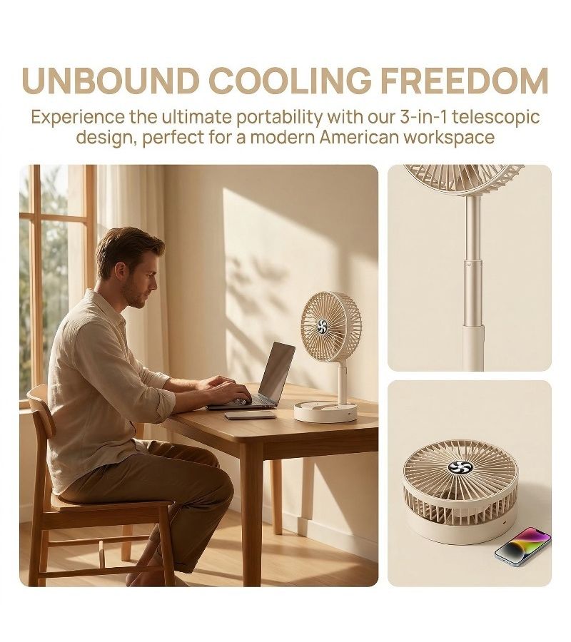 مروحة USB قابلة للسحب مع شاحن، 3 سرعات، هادئة، محمولة مع حامل تبريد - Image 4