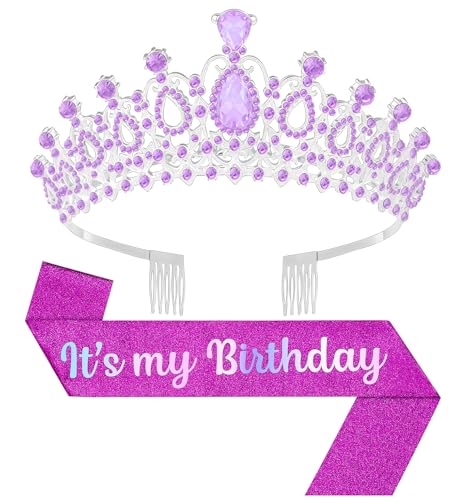 Papoopy Birthday Tiara and Crown with Sash, Birthday Tiara for Women Party (Purple) - Image 1