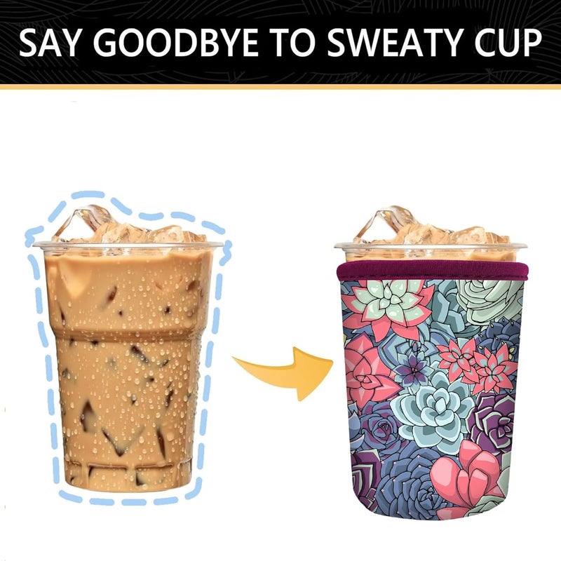 واي آر Reusable Neoprene Insulator Sleeve for Iced Coffee Cups, 3 Pack Coffee Coolies sleeves for Iced u0026 Hot Drinks, Cold Beverage Cooler Compatible with Starbucks Coffee and More (Succulent) - Image 4