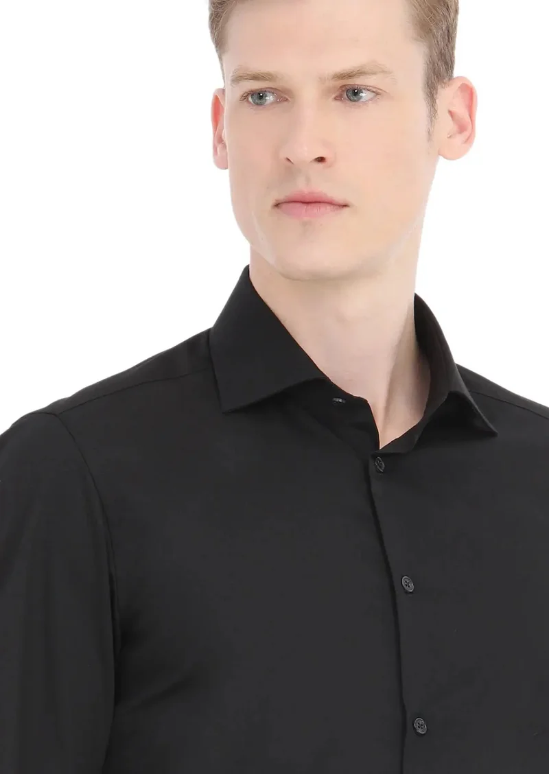 RAMSEY Black Plain Slim Fit Weaving Classical Cotton Blended Shirt