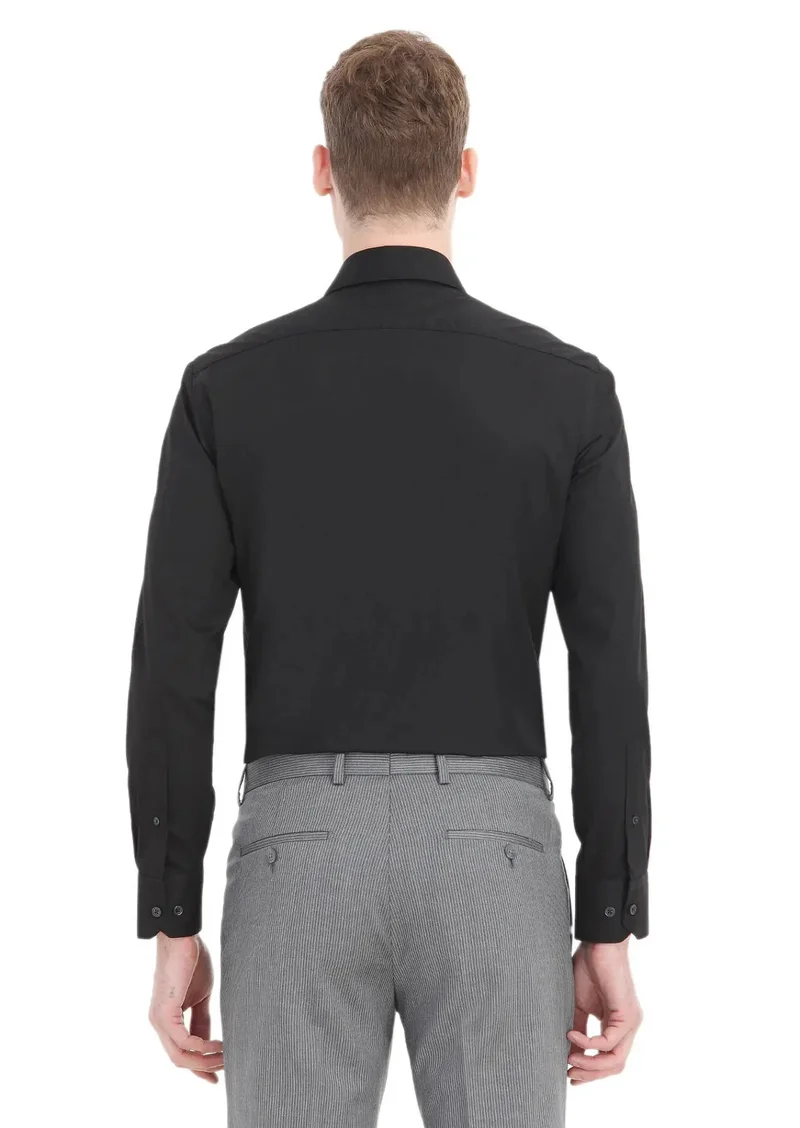 RAMSEY Black Plain Slim Fit Weaving Classical Cotton Blended Shirt