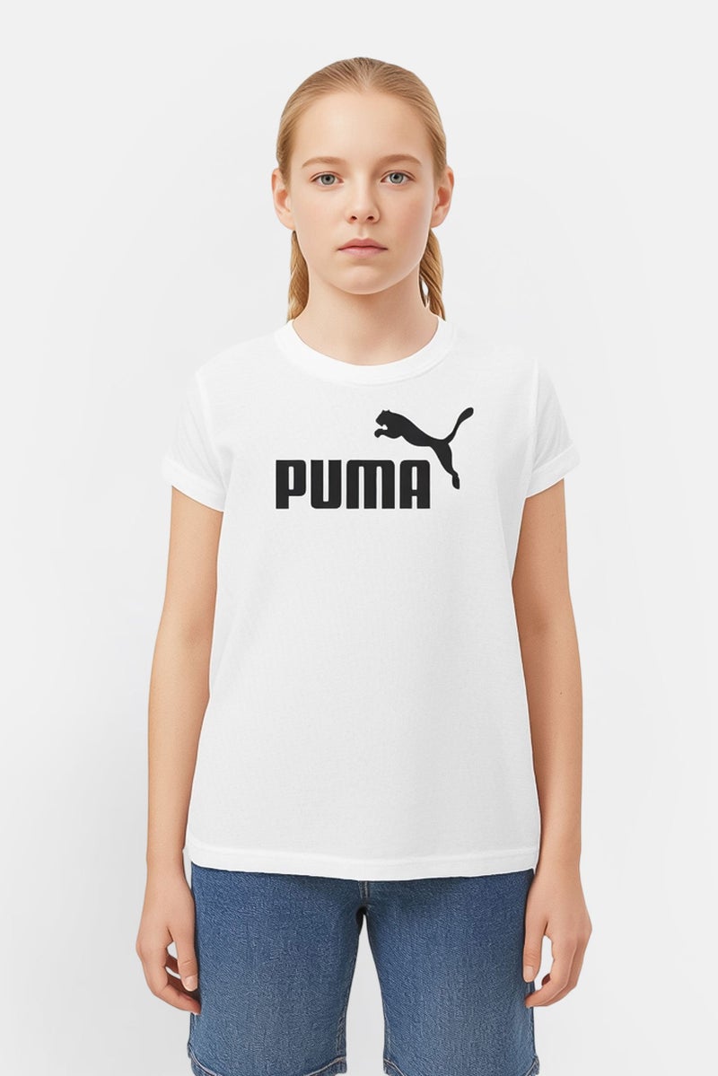 PUMA Kids Girl Sportswear Fit Short Sleeve Brand Logo T-shirt, White - Image 1