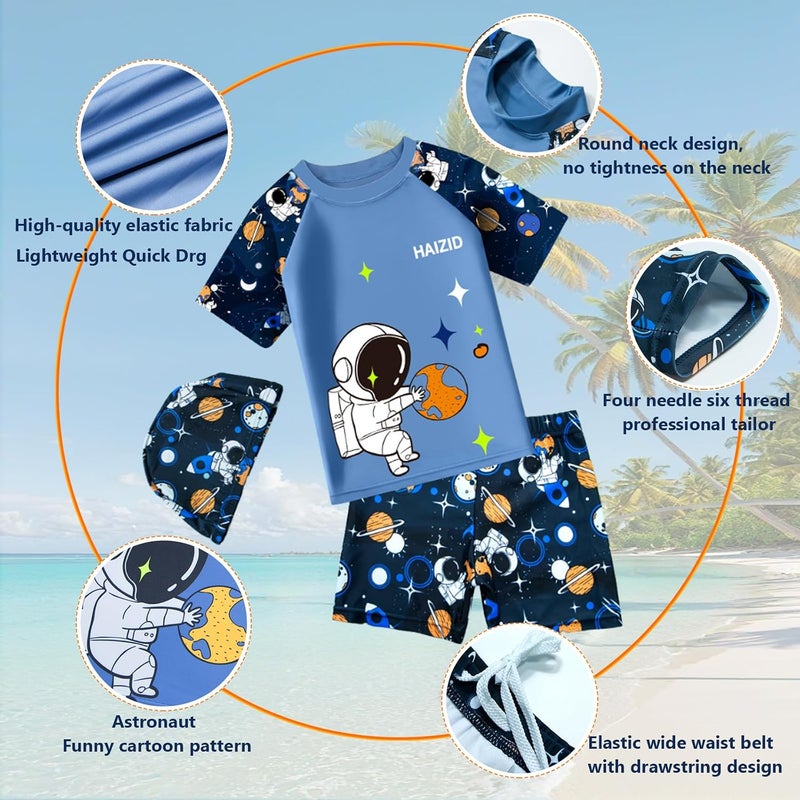 AoMige 7-Pcs Boys Rash Guard Swimsuit Set,UPF 50+ Sun Protection,Separates Quick-Dry Swimwear w/Shorts,HD G oggles,Backpack,Cap,Ear Plugs & Nose Clip, Mist blue, 140 - Image 3