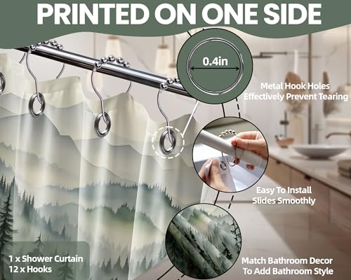 QGHOT Mountain Shower Curtain Green Forest Nature Shower Curtains for Bathroom Rustic Woodland Pine Tree Landscape Bath Decor Sets, Waterproof Polyester Fabric with Hooks, 70x72in - Image 4
