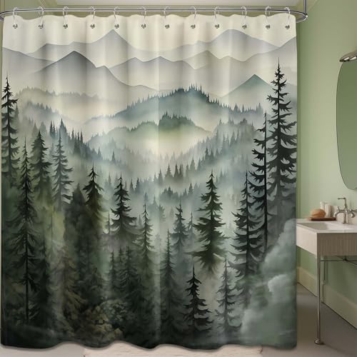 QGHOT Mountain Shower Curtain Green Forest Nature Shower Curtains for Bathroom Rustic Woodland Pine Tree Landscape Bath Decor Sets, Waterproof Polyester Fabric with Hooks, 70x72in - Image 3