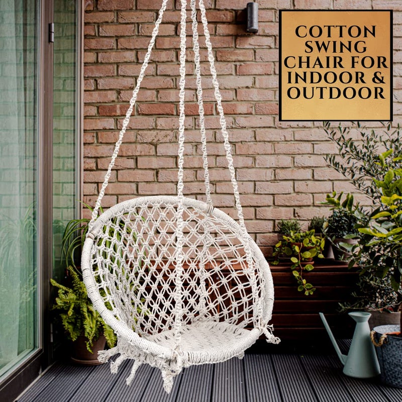 Patiofy Cotton Netted Round Large Swing for AdultsSwing for BalconySwing Chair for Adults for HomeHammock Swing for AdultsSwing Chair WoodenWithout Hanging Kit 120Kgs Weight Capacity White - Image 2