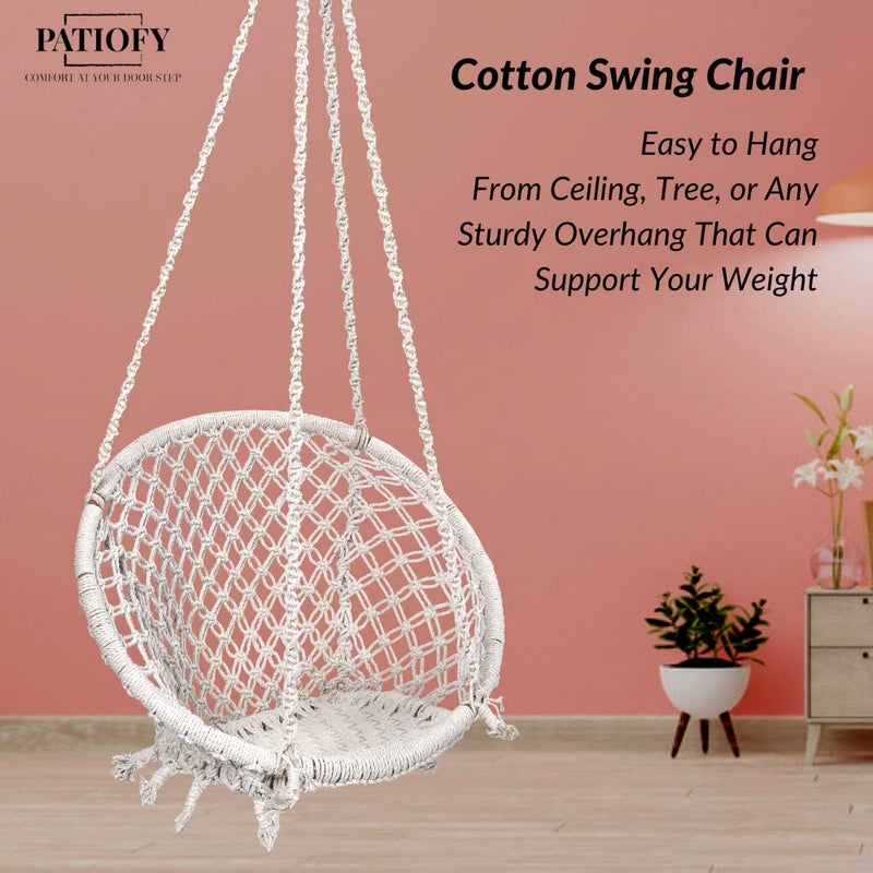 Patiofy Cotton Netted Round Large Swing for AdultsSwing for BalconySwing Chair for Adults for HomeHammock Swing for AdultsSwing Chair WoodenWithout Hanging Kit 120Kgs Weight Capacity White - Image 4