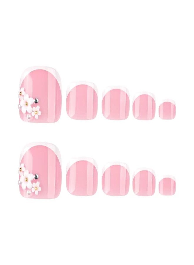 CTTHNBD White French Tip Press on Toenails - Short Square Fake Toenails with Flower Design - Summer Press on Toe Nails - for Women 24 Pcs - Image 5