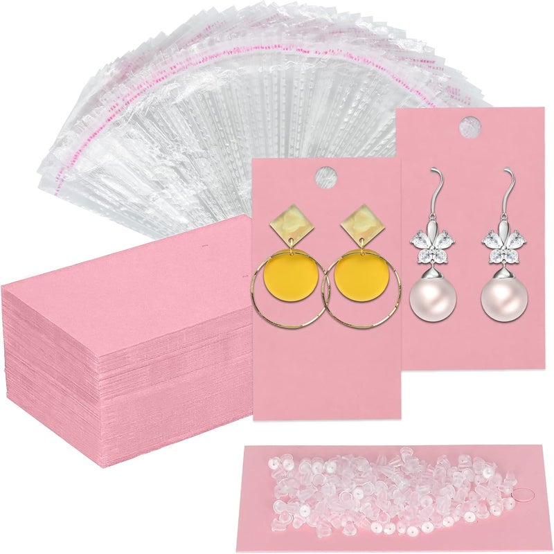 Twavang Earring Display Cards with 100Pcs Earring Holder Cards, 100 Pairs Clear Earring Backs and 100Pcs Self Adhesive Bags for Earrings Jewelry Display (Pink, 3.5" x 2") - Image 1
