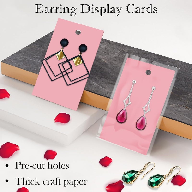 Twavang Earring Display Cards with 100Pcs Earring Holder Cards, 100 Pairs Clear Earring Backs and 100Pcs Self Adhesive Bags for Earrings Jewelry Display (Pink, 3.5" x 2") - Image 3