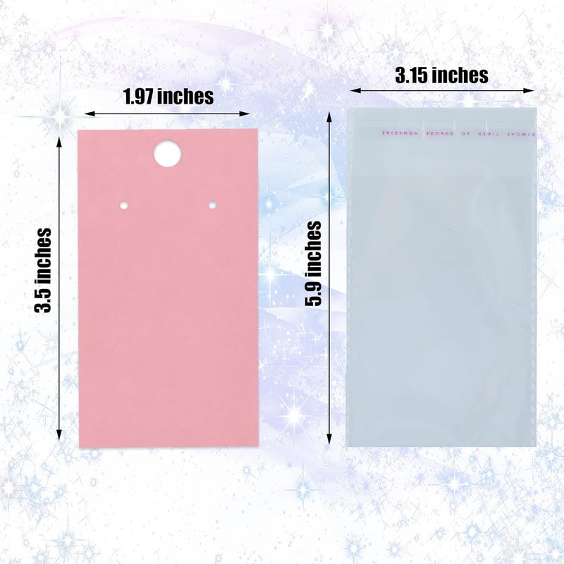 Twavang Earring Display Cards with 100Pcs Earring Holder Cards, 100 Pairs Clear Earring Backs and 100Pcs Self Adhesive Bags for Earrings Jewelry Display (Pink, 3.5" x 2") - Image 2