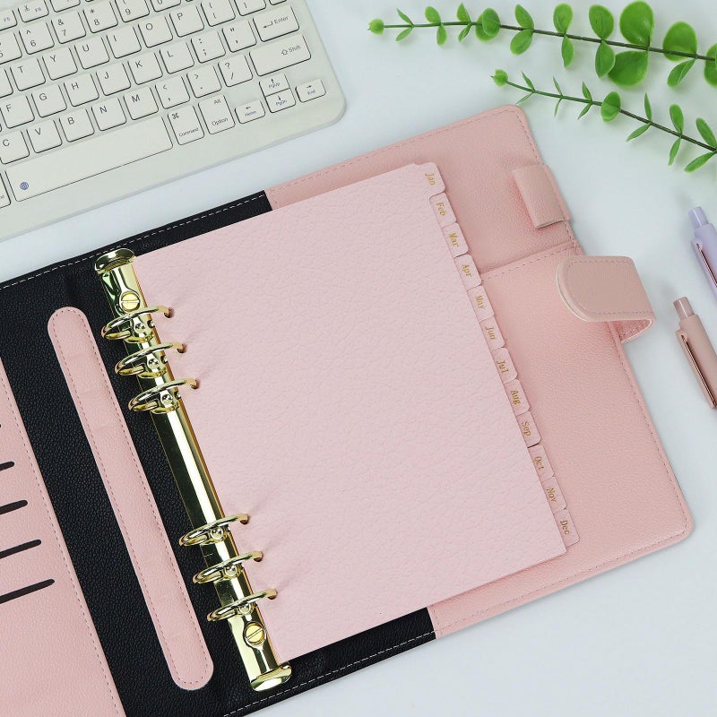 Koqye Leather Textured A5 Paper Card Dividers 6 Holes Ring Index Page Tab Divider for Travel Diary Binder Notebooks Journal Plan (12 Monthly Tabs - Pink) - Image 4