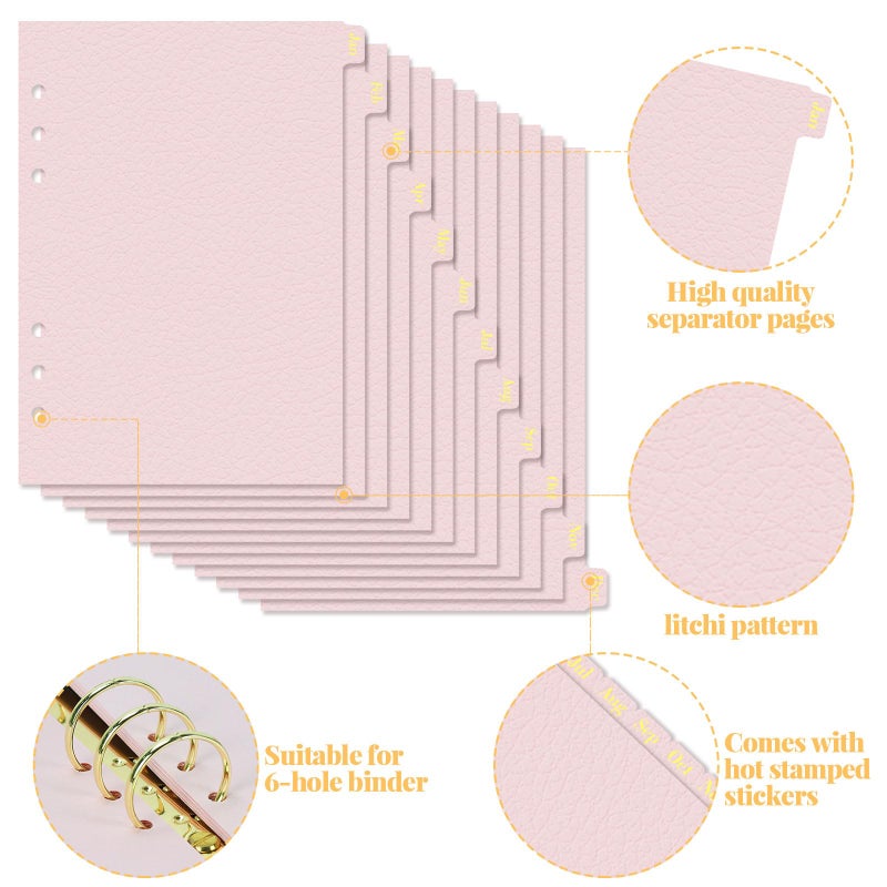 Koqye Leather Textured A5 Paper Card Dividers 6 Holes Ring Index Page Tab Divider for Travel Diary Binder Notebooks Journal Plan (12 Monthly Tabs - Pink) - Image 2