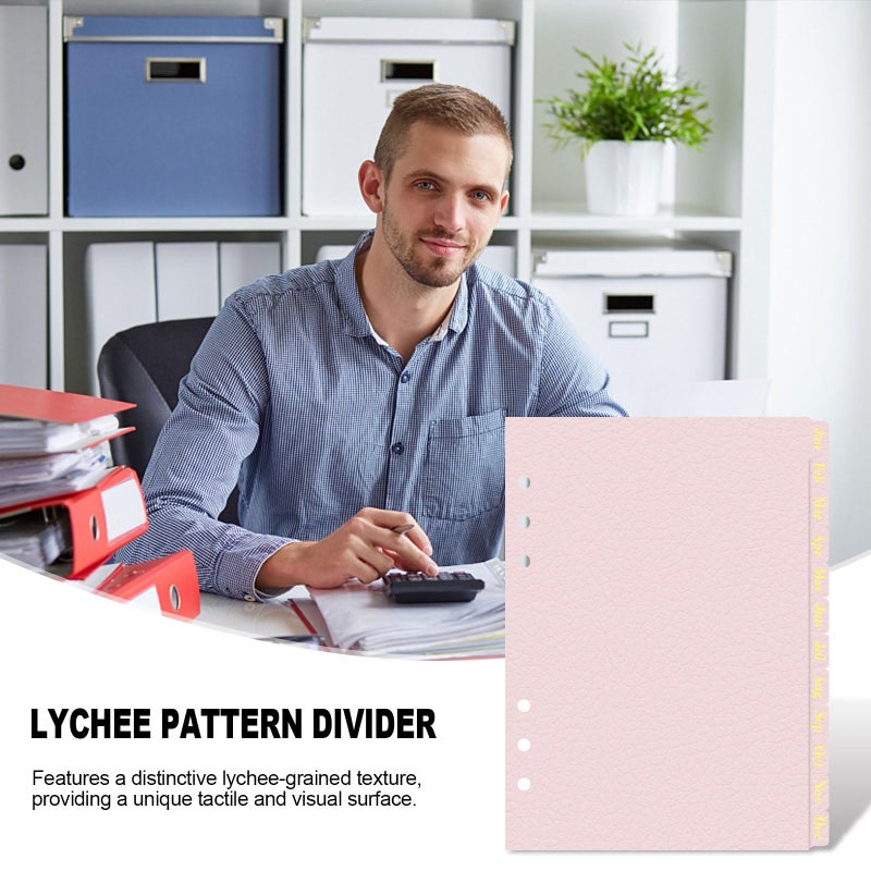 Koqye Leather Textured A5 Paper Card Dividers 6 Holes Ring Index Page Tab Divider for Travel Diary Binder Notebooks Journal Plan (12 Monthly Tabs - Pink) - Image 3