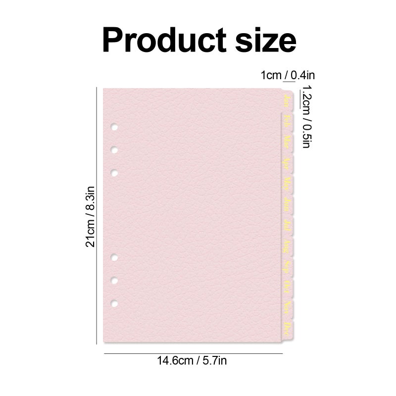 Koqye Leather Textured A5 Paper Card Dividers 6 Holes Ring Index Page Tab Divider for Travel Diary Binder Notebooks Journal Plan (12 Monthly Tabs - Pink) - Image 5