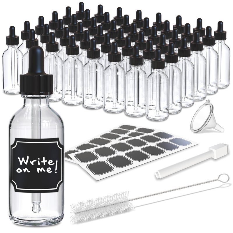 Nevlers Clear Glass Dropper Bottle 2oz 48 PK  Eye Dropper Bottle Set with Droppers for Oils Funnel  More  Leakproof Oil Bottles for Hair  60 mL Small Glass Bottles with Eye Droppers for Medicine