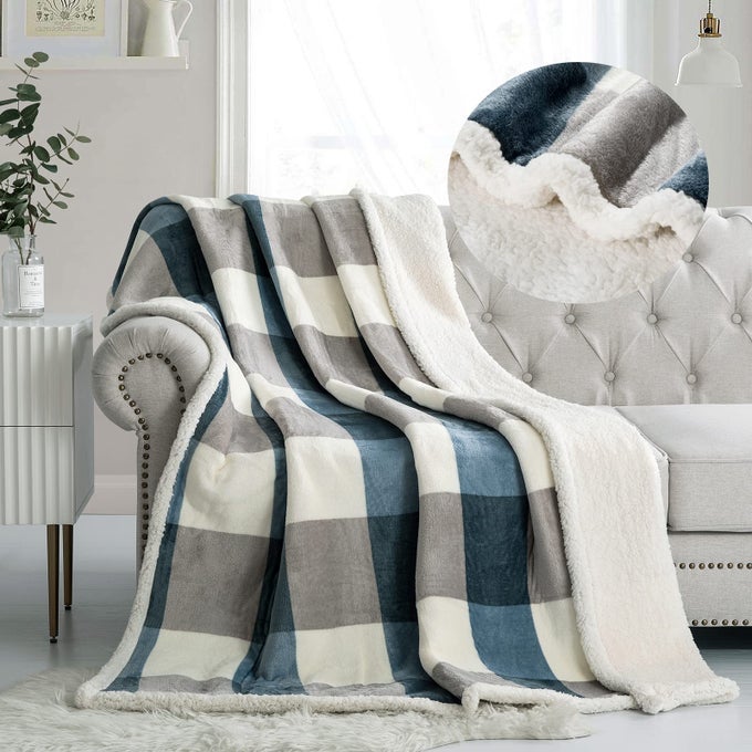 SHERPA FLEECE THROW BLANKET 60 X 80 REVERSIBLE PLUSH FLUFFY LARGE BIG BLANKET LATTICE FLANNEL BLANKETS FOR SOFA COUCH BED GREYSOFT BLUE 6080