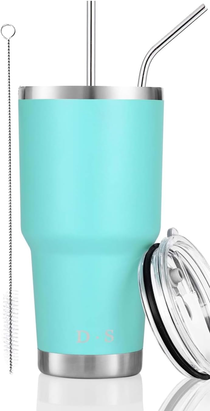 DS 30oz Mint Tumbler Stainless Steel Double Wall Vacuum Insulated Mug with Straw and Lid, Cleaning Brush for Cold and Hot Beverages - Image 1
