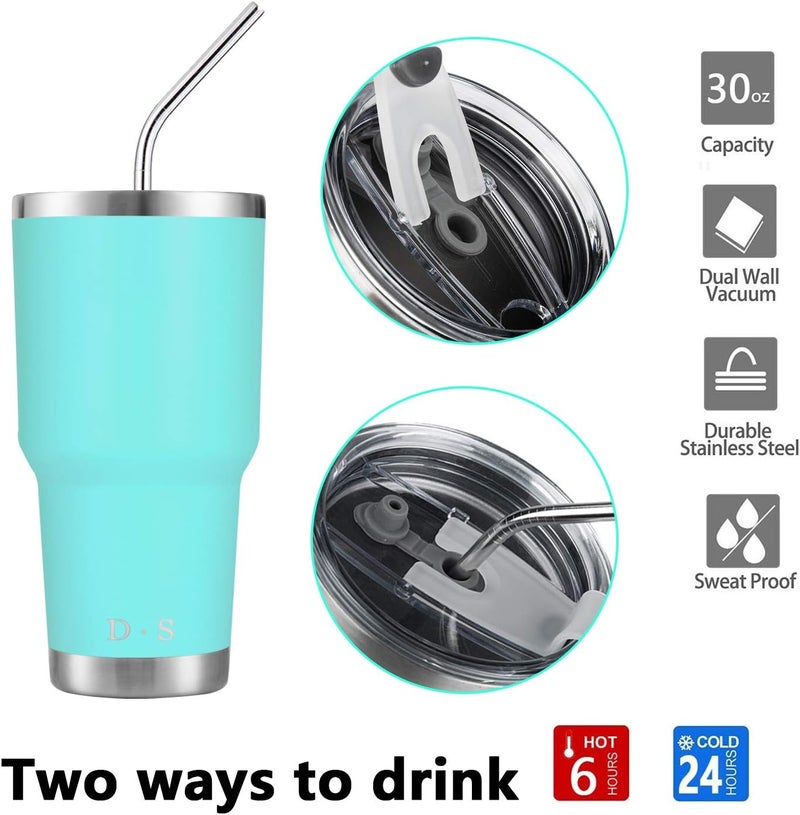 DS 30oz Mint Tumbler Stainless Steel Double Wall Vacuum Insulated Mug with Straw and Lid, Cleaning Brush for Cold and Hot Beverages - Image 3